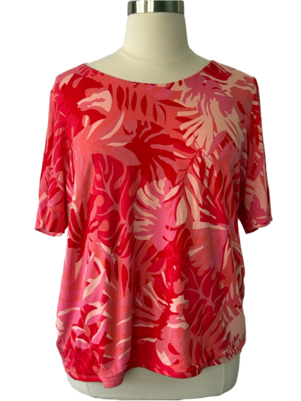 Women's Chico's Tropical Leaf Print Short Sleeve Tee, Red/Pink, Size XXL
